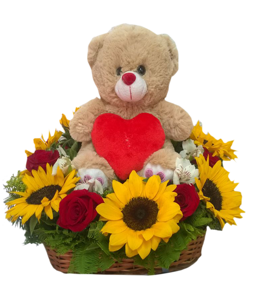 Cesta de Girasoles, Rosas y Peluche 26cm